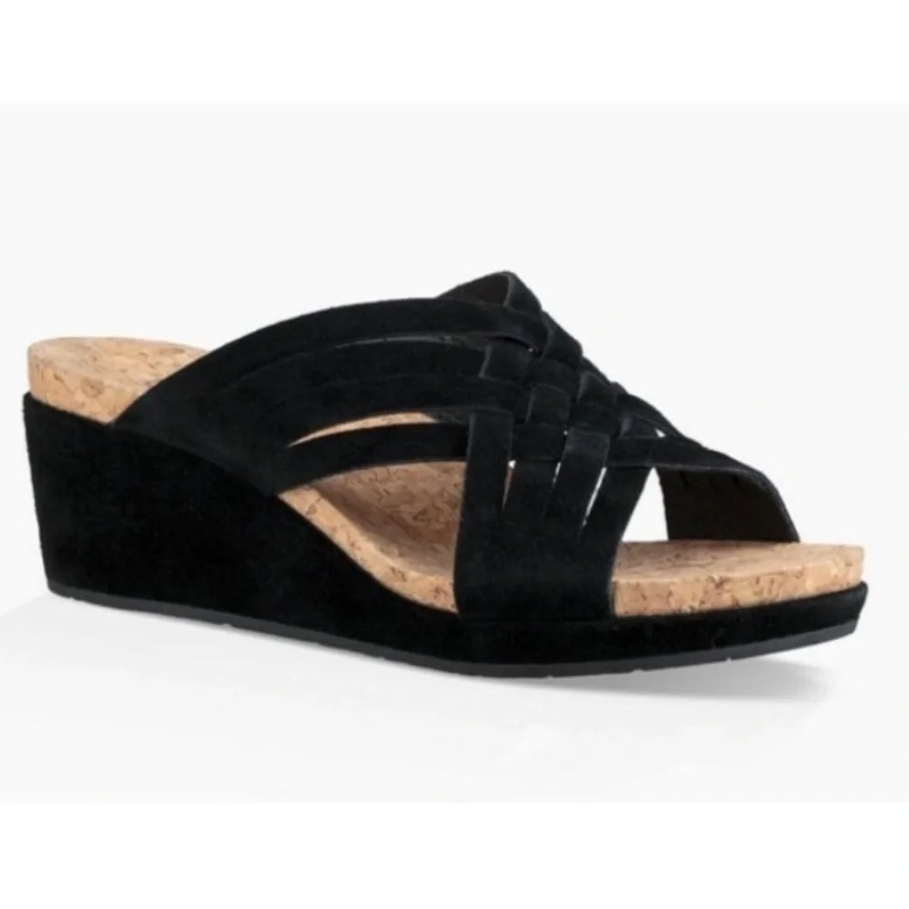Ugg Australia Lilah wedge woven Sandals black suede Sz‎ 8 1019976